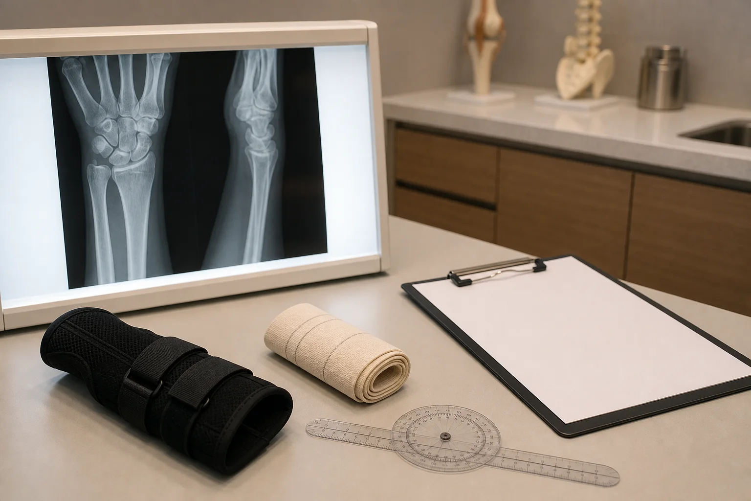 손목염좌 체크포인트를 확인하기 위해 검사 책상 위에 놓인 X-ray 영상, 가동범위 도구, 보호대와 빈 클립보드