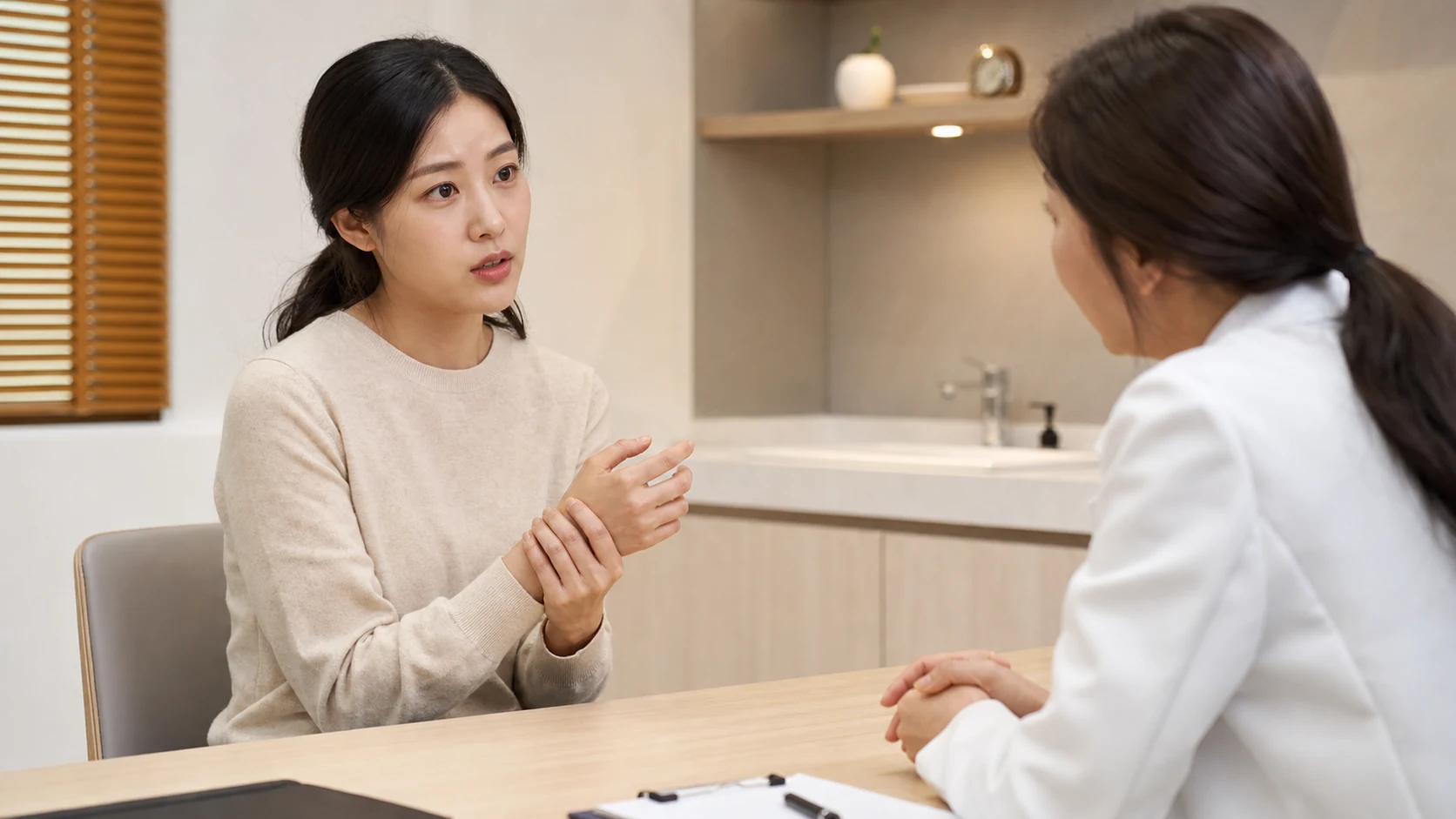 한국인 손목건초염 환자가 엄지 쪽 손목 통증을 국내 한의원 상담실에서 한국인 의료진과 상담하는 장면