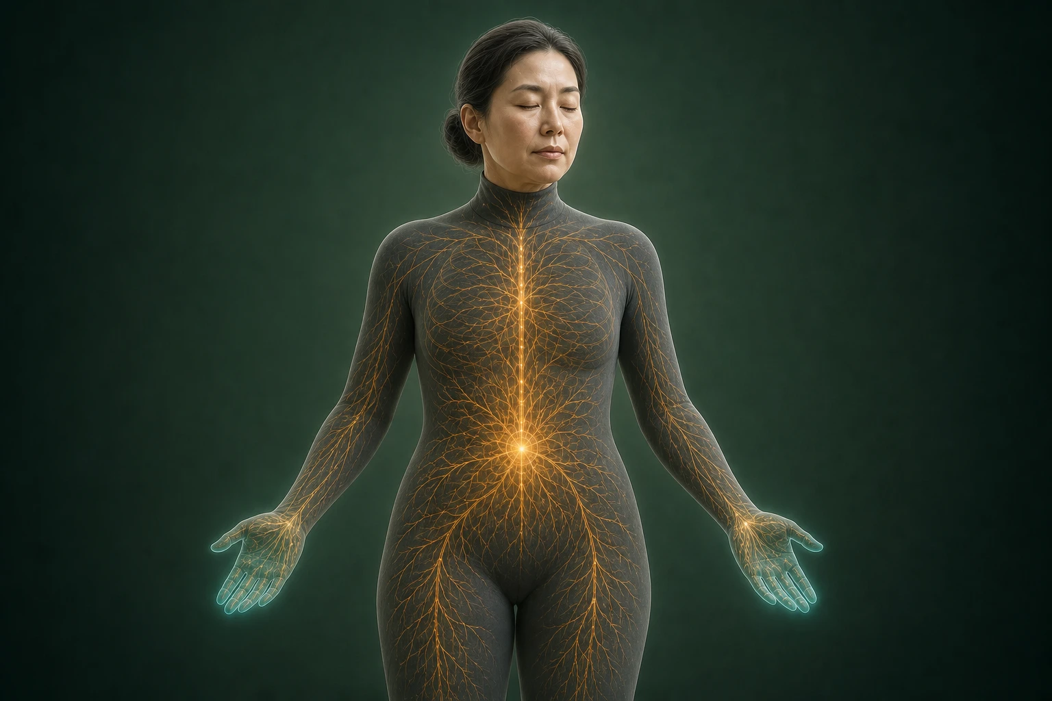 실제 한국인 중년 여성의 복부 중심 온기가 가슴·양손·허벅지로 금빛 망을 따라 이어지는 열의 흐름