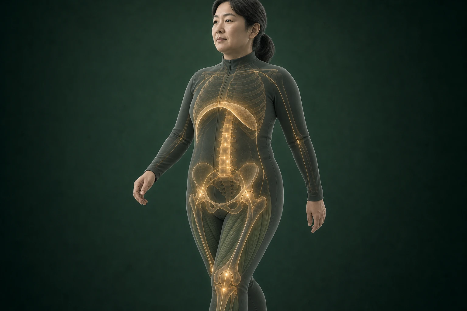 실제 한국인 중년 여성의 횡격막·척추·골반·고관절·무릎과 큰 근육이 보행을 지지하는 구조의 흐름