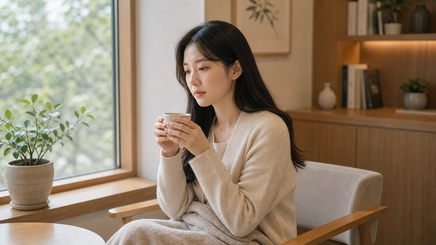 피로와 냉증으로 몸을 따뜻하게 쉬어가는 진료 대기 공간 장면