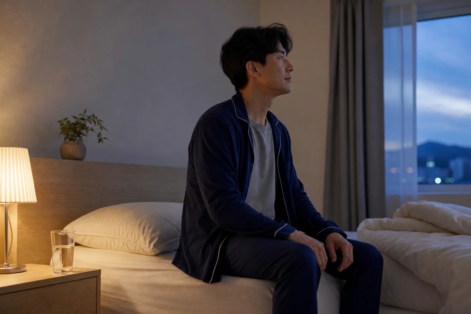성인야뇨로 새벽에 깬 뒤 침대 옆에서 밤 소변 시간을 떠올리는 장면