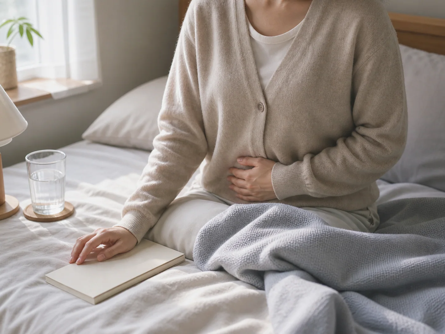 유산 후 출혈 감소 뒤 피로와 아랫배 묵직함을 느끼는 회복기 장면