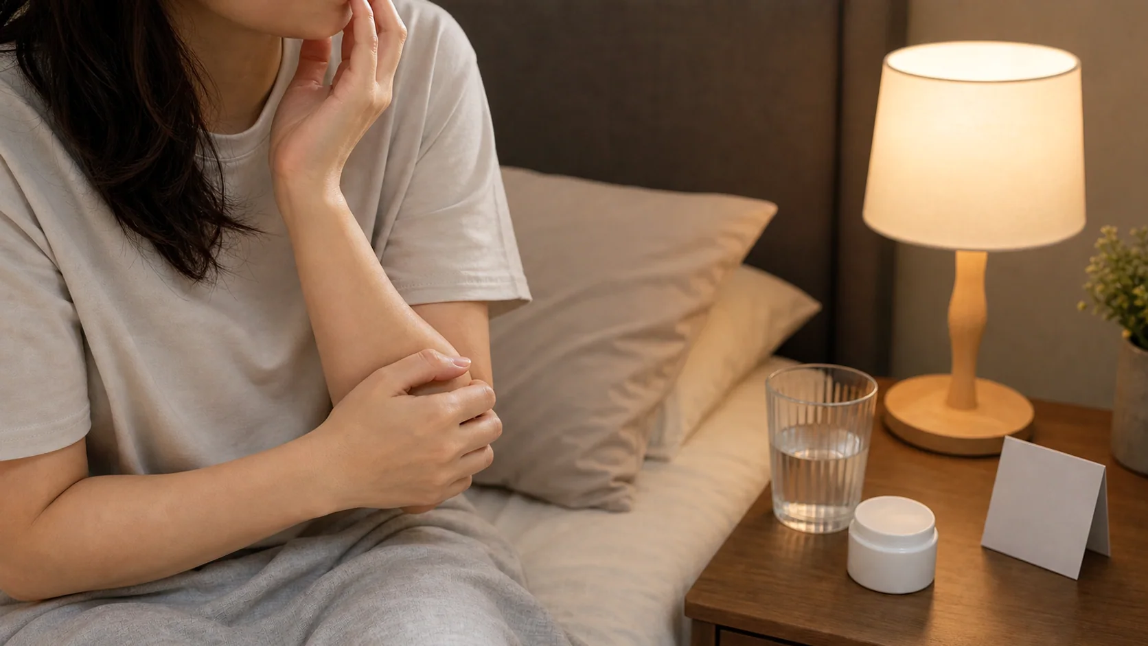 백반증이 햇빛 뒤 더 하얗게 보일 때 팔의 색 변화를 살피는 장면