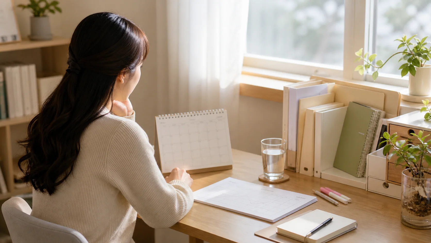 자연임신 준비 중 배란일과 생리 달력을 확인하는 장면