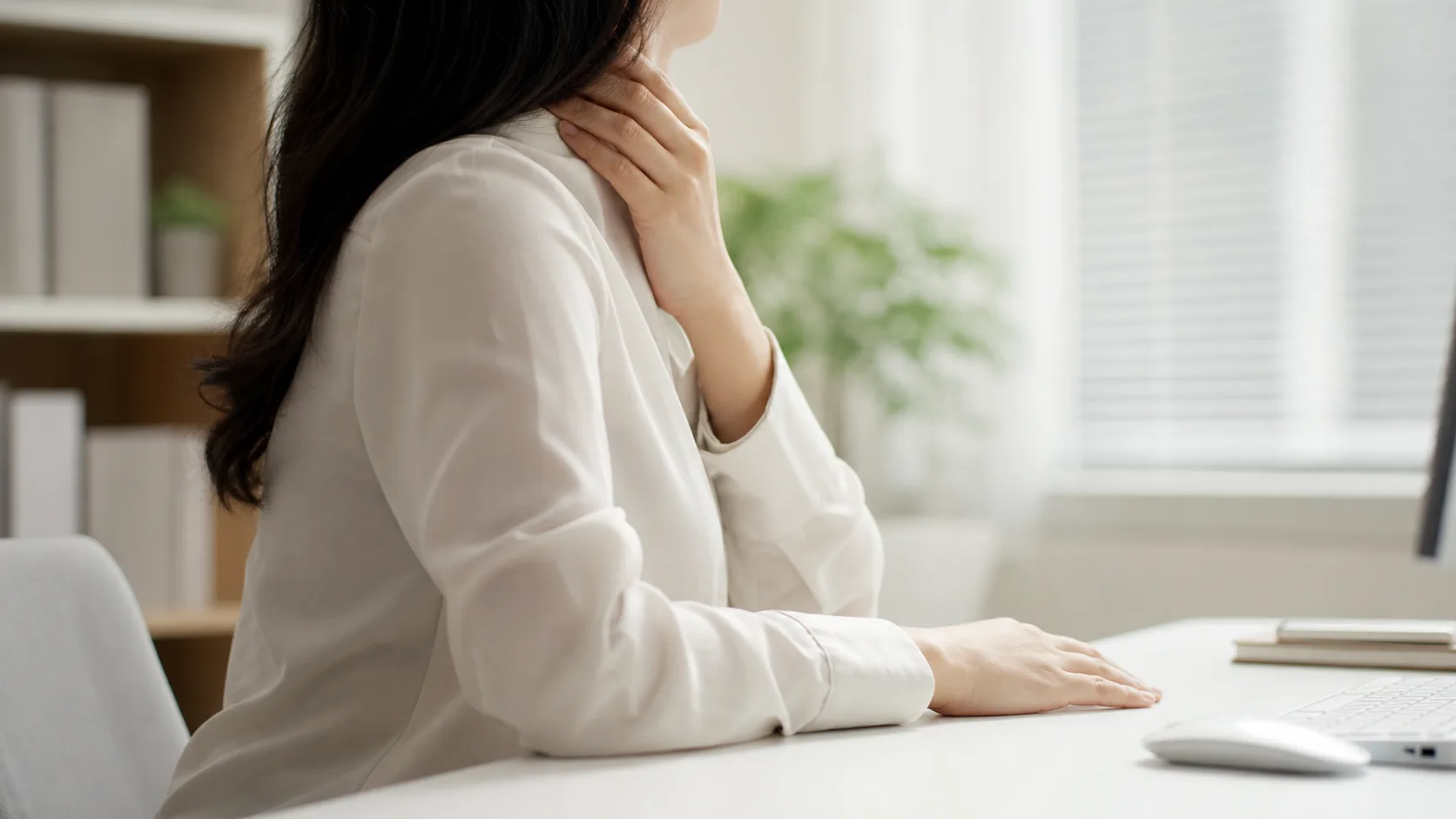 MRI는 심하지 않지만 목 자세 뒤 팔 저림이 남아 상담을 준비하는 장면