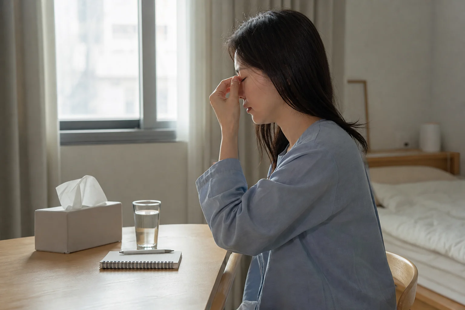 밤 입호흡과 아침 코막힘이 반복되는 만성비염 환자가 증상 시간을 적는 장면