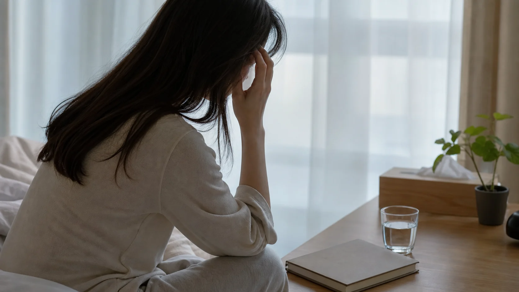 생리 전후와 수면 변화 뒤 편두통으로 관자놀이를 짚고 쉬는 환자