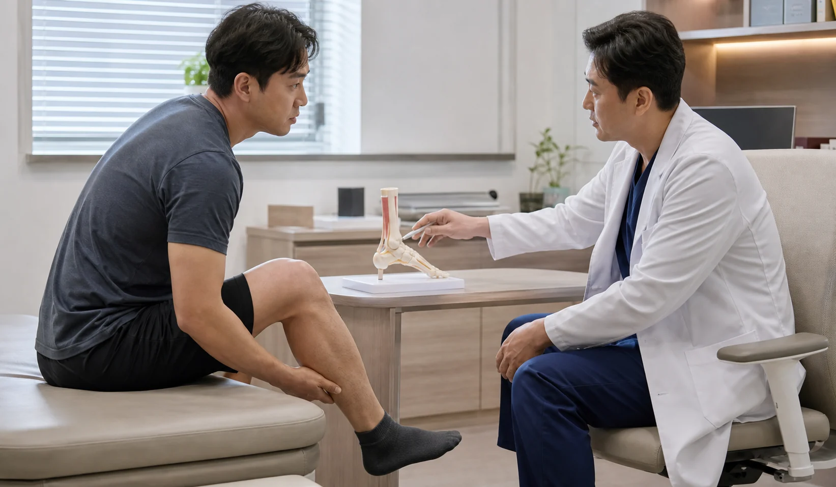 운동 다음 날 아침 아킬레스건 뒤쪽 뻣뻣함과 첫걸음 통증을 확인하는 장면