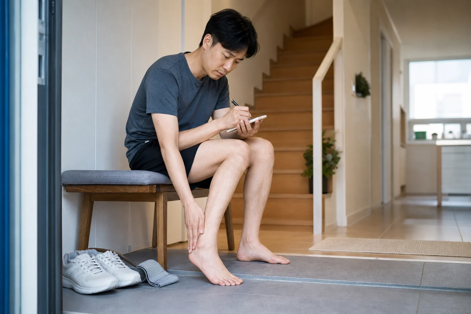 아킬레스건염 상담에서 운동량과 아침 뻣뻣함, 계단 반응을 정리하는 자료