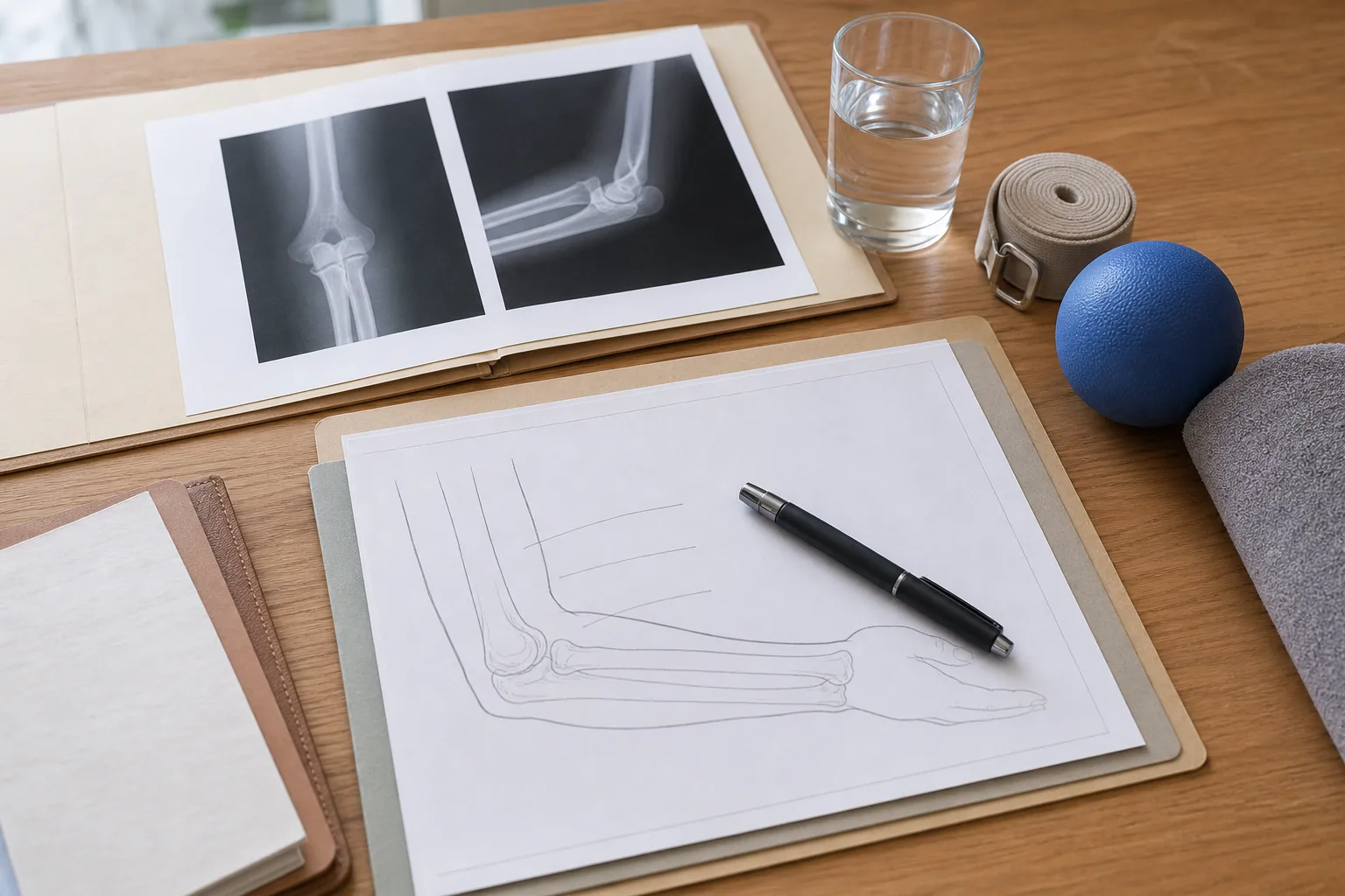 팔꿈치 통증 상담 전 X-ray 자료와 손 사용 항목을 정리한 자료