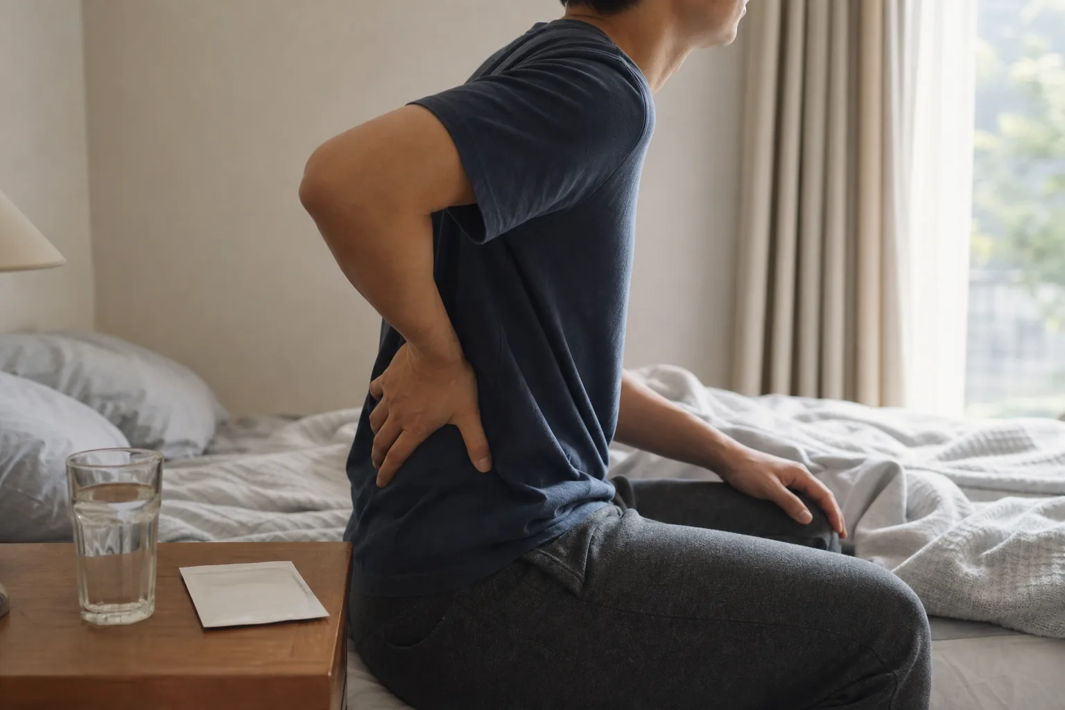 강직성 척추염 약 복용 중에도 아침 강직이 남아 일어나기 전 허리와 엉치를 살피는 장면