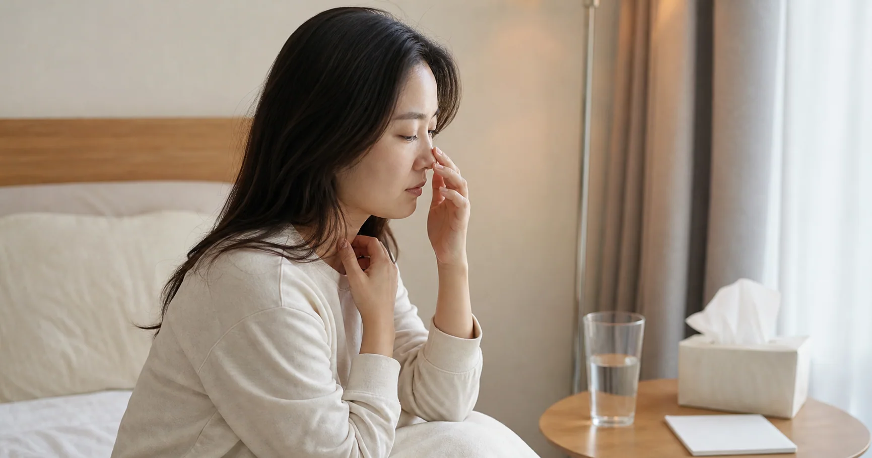 간질성 폐질환 기록이 있는 환자가 계단 뒤 숨참과 산소포화도 기록을 정리하는 장면