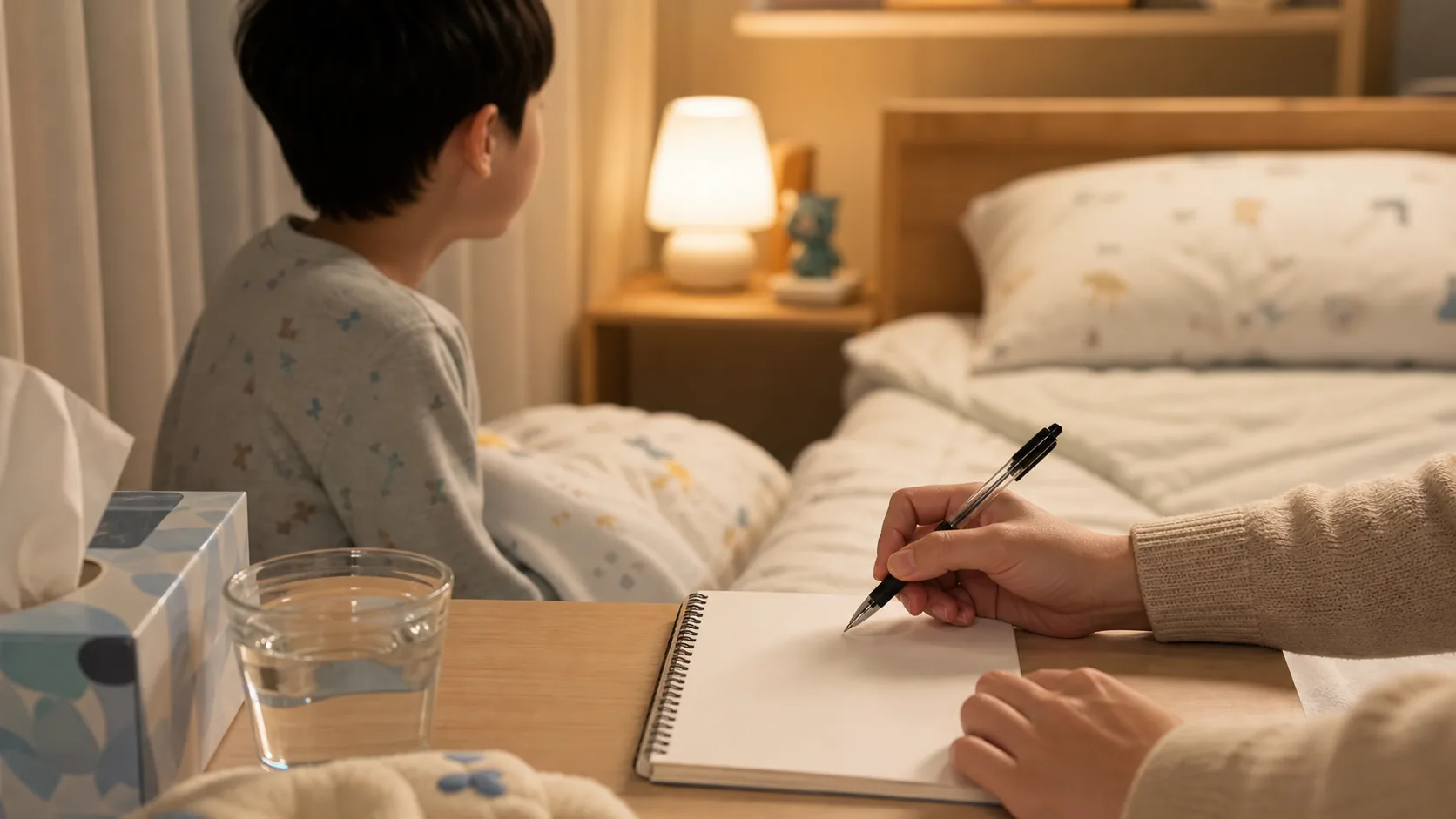 소아 아토피 보습 후에도 밤에 긁어 깨는 아이를 보호자가 살피는 장면