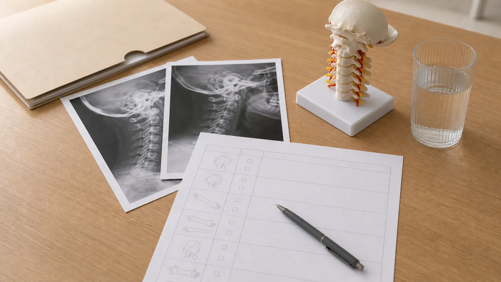 경추염좌 상담 전 X-ray 기록과 목 가동 범위 체크 항목을 확인하는 자료