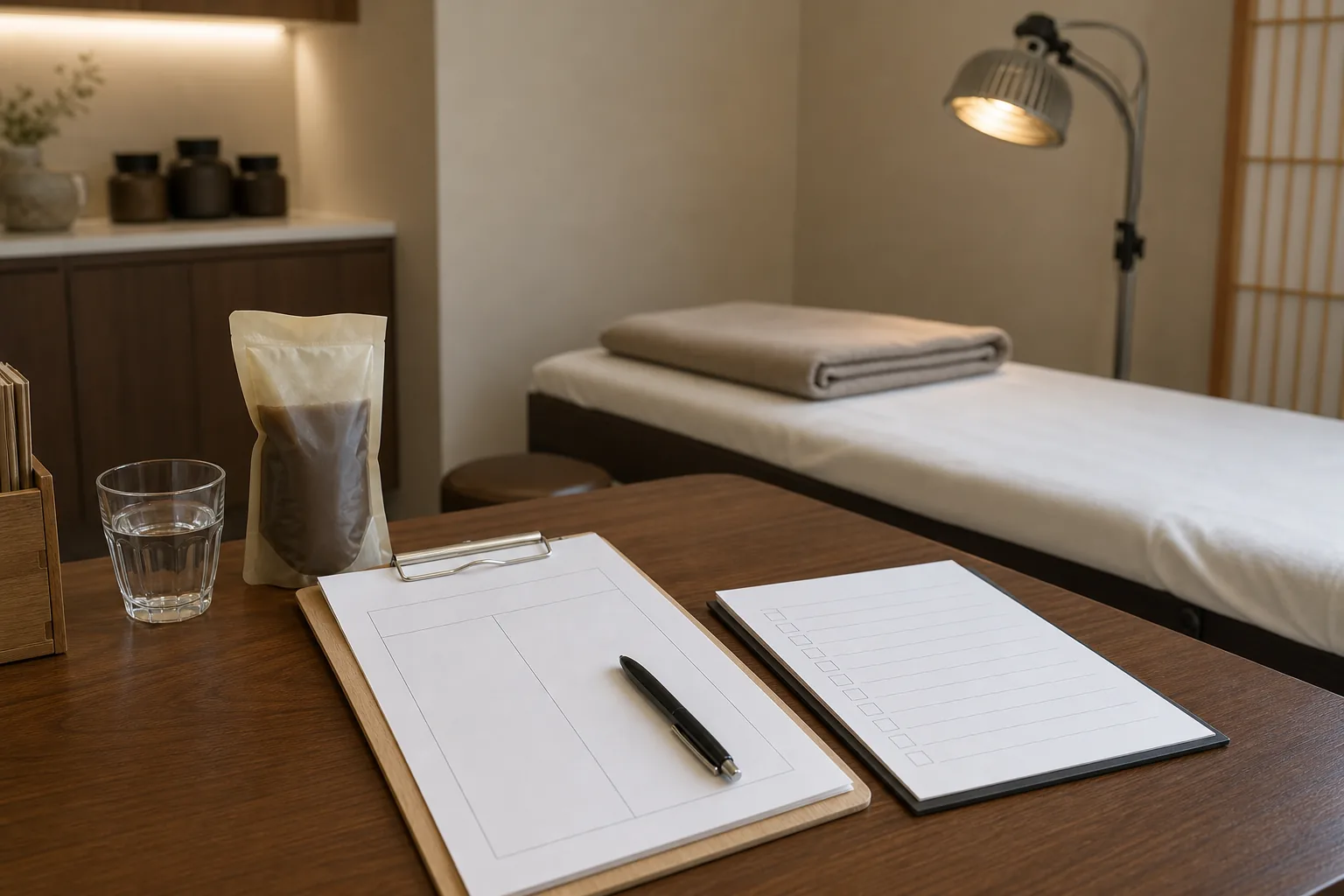 입덧 상담 뒤 수분과 수면 변화를 치료계획표에 정리한 한의원 환경