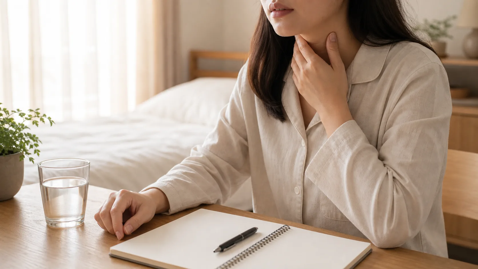 속쓰림 없이 아침 목쉼과 밤 헛기침이 반복되는 환자가 증상 시간을 적는 장면