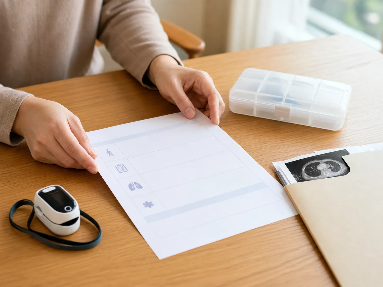 COPD 폐기능검사 기록 뒤 계단 숨참을 상담 전 확인하는 환자 손