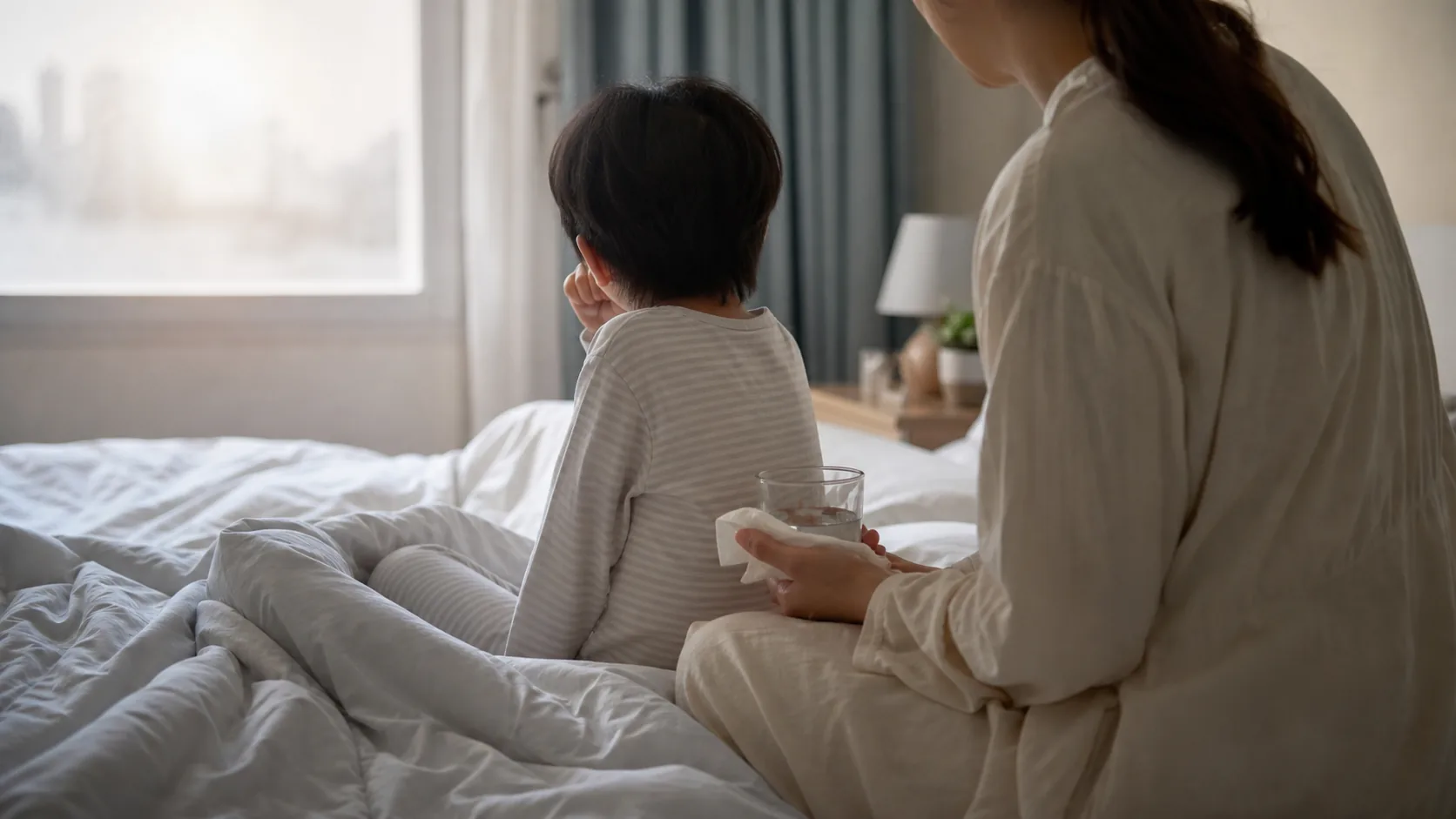 소아 천식 밤기침으로 깬 아이의 상태를 보호자가 차분히 살피는 장면