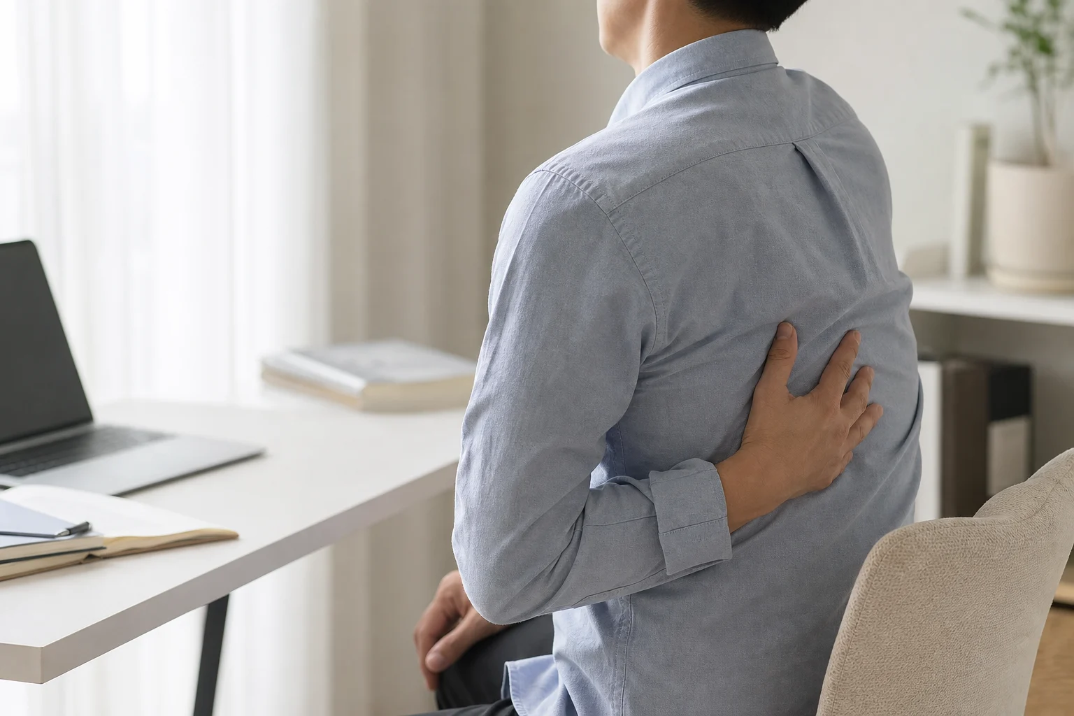 검사는 괜찮지만 오래 앉은 다음 날 견갑골 사이 등 통증이 다시 올라와 상담을 준비하는 장면