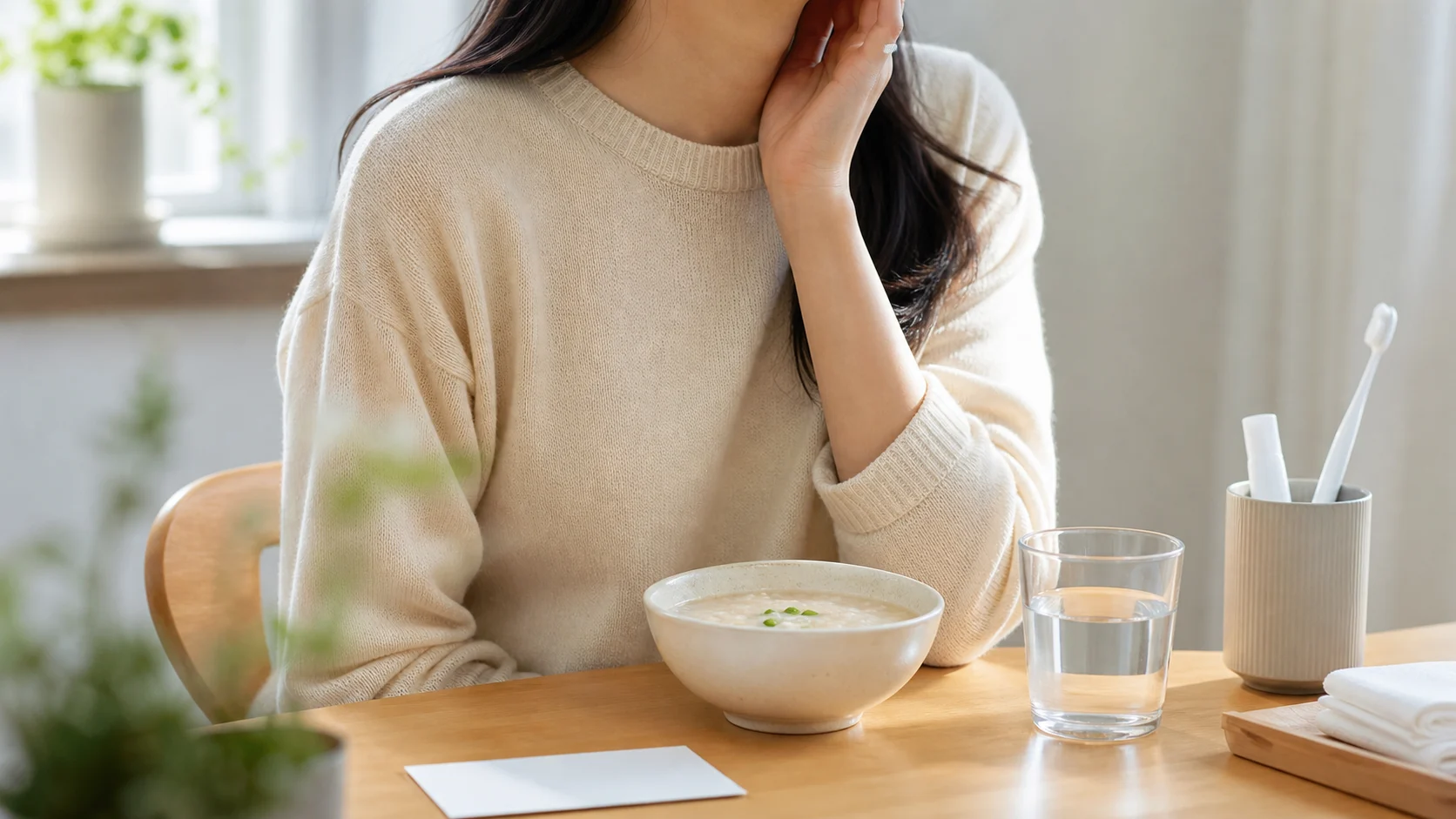 같은 자리 혀궤양이 반복되어 부드러운 식사 앞에서 볼을 짚는 환자
