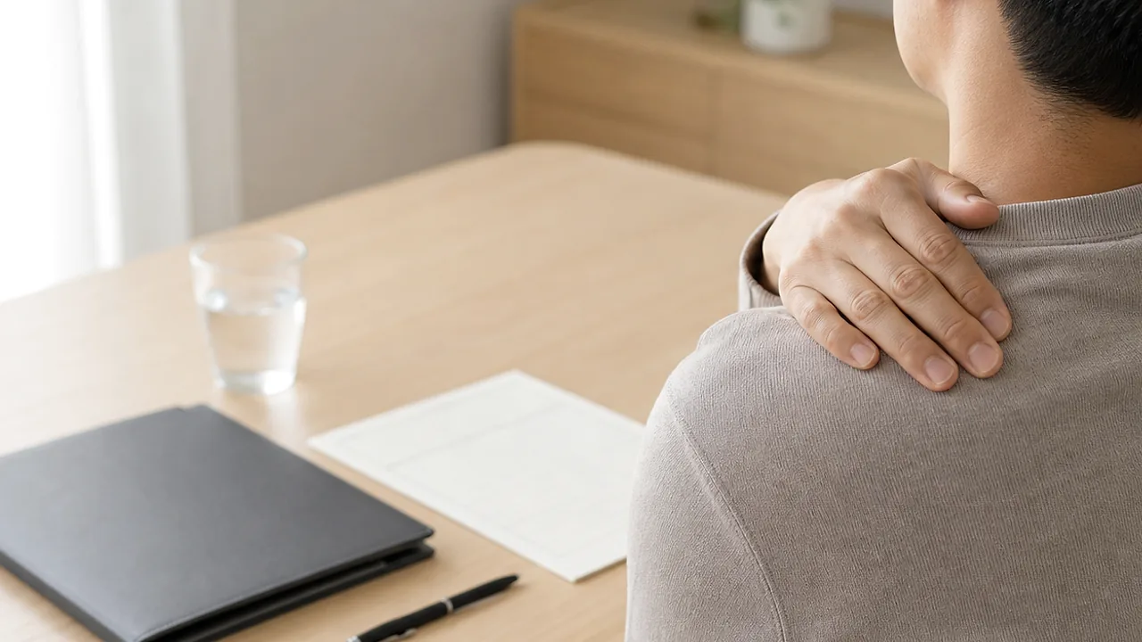 팔을 올릴 때 중간 각도에서 어깨가 걸리듯 아파 상담을 준비하는 장면