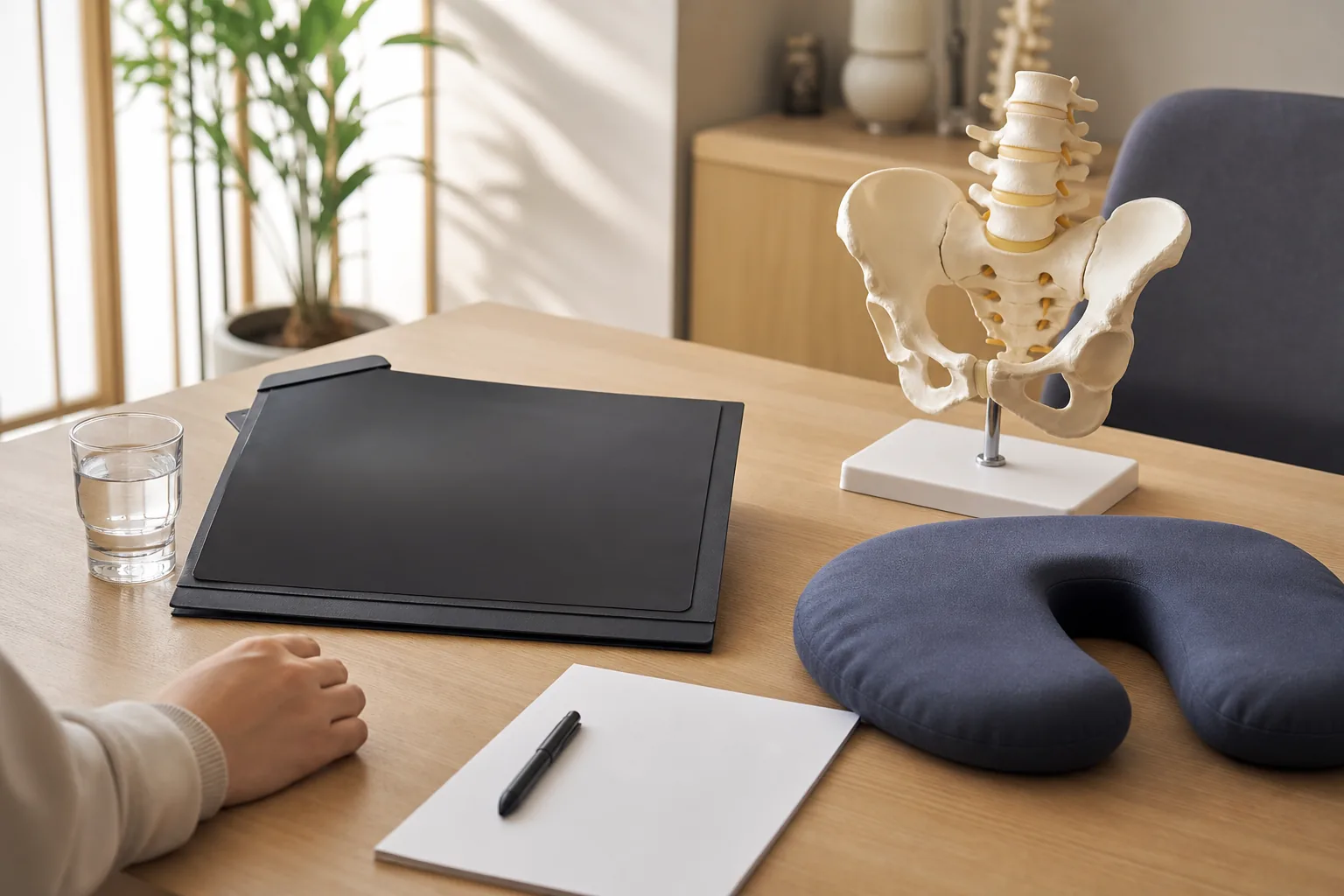 X-ray 검사 후 오래 앉으면 꼬리뼈가 아픈 상황을 상담 전 자료로 정리하는 책상