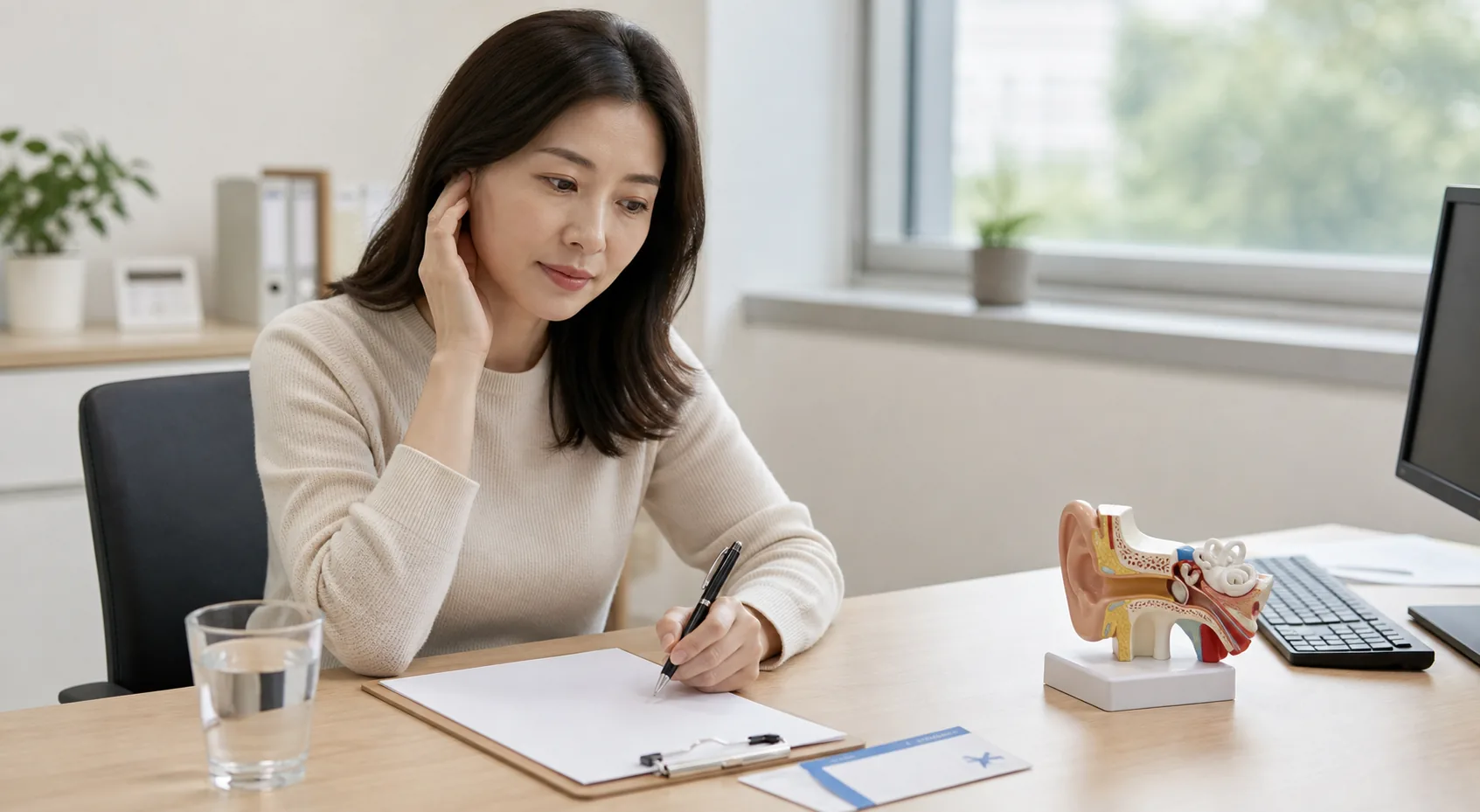 비행기 뒤 귀 압력이 안 풀려 증상 시간을 적는 환자의 손과 귀 모형