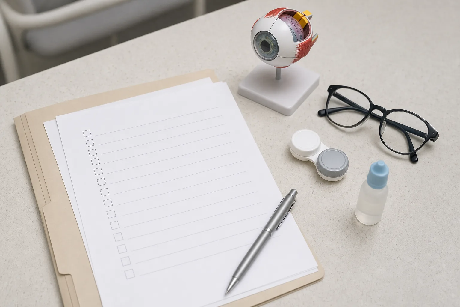 렌즈 착용 시간과 인공눈물 횟수를 정리하는 빈 체크리스트와 렌즈 케이스