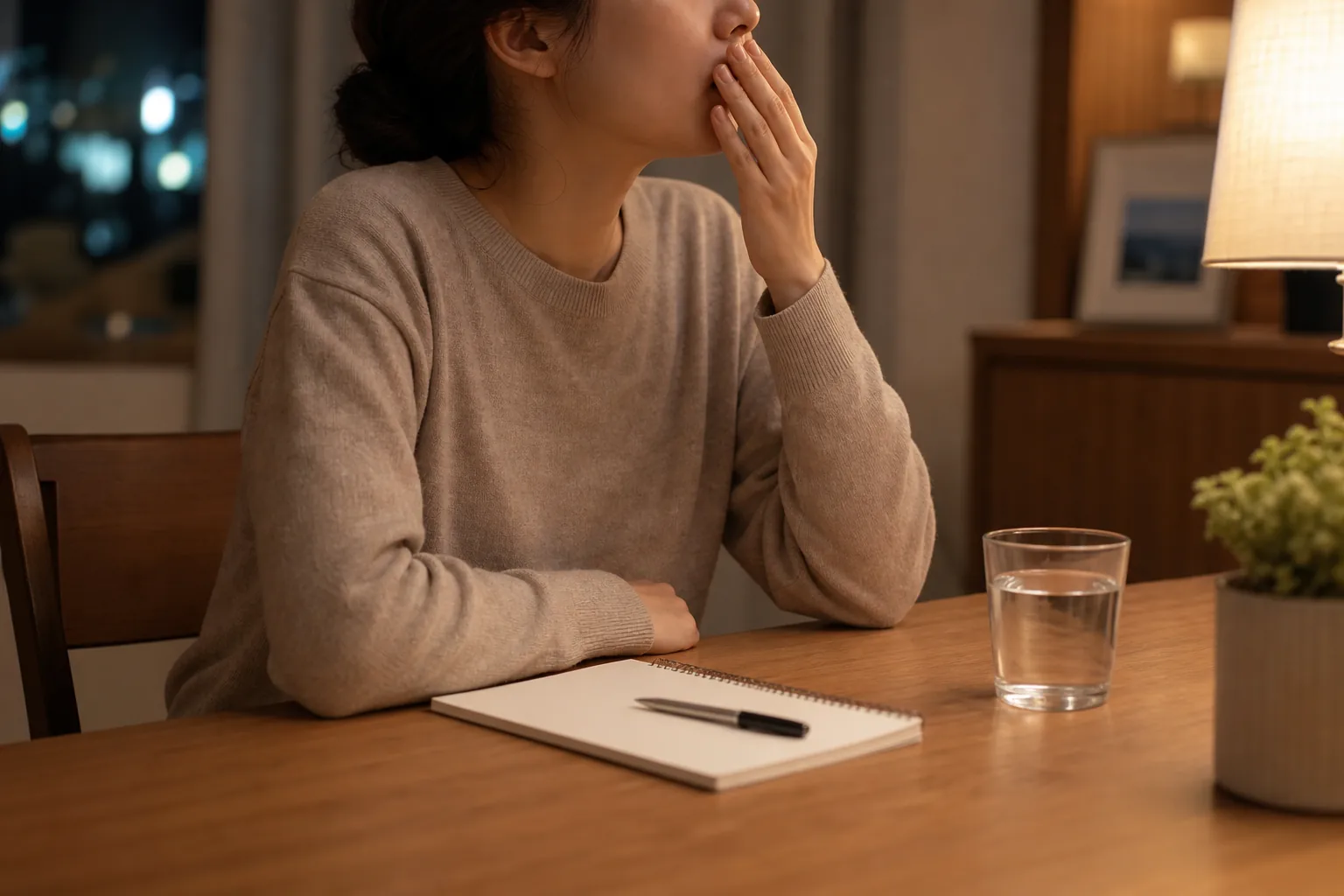 밤에 입이 말라 깨고 아침 입냄새를 걱정해 물컵과 복용 약 기록을 확인하는 손