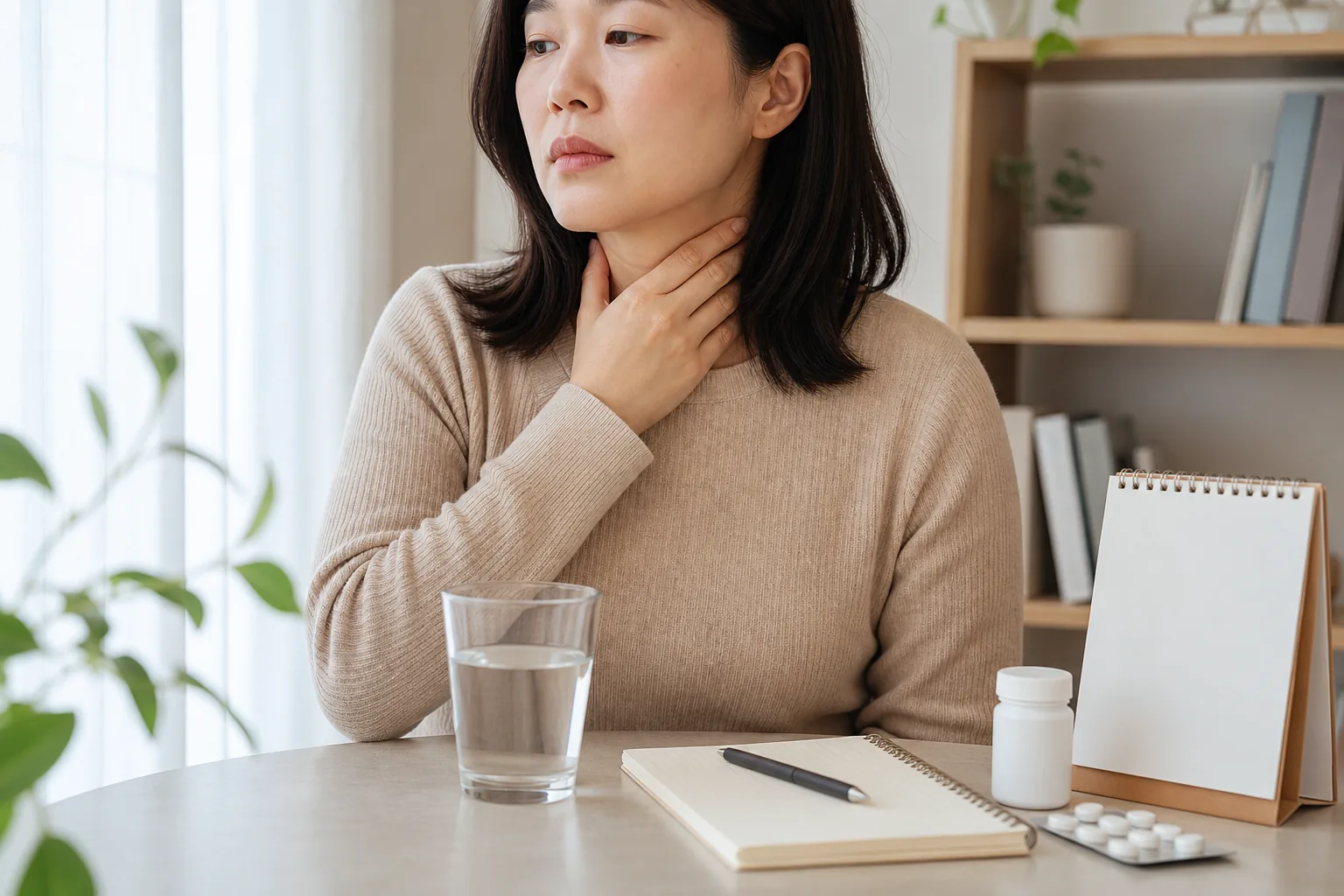 약을 끊은 뒤 목 가다듬기와 목 이물감이 다시 늘어 상담을 준비하는 장면