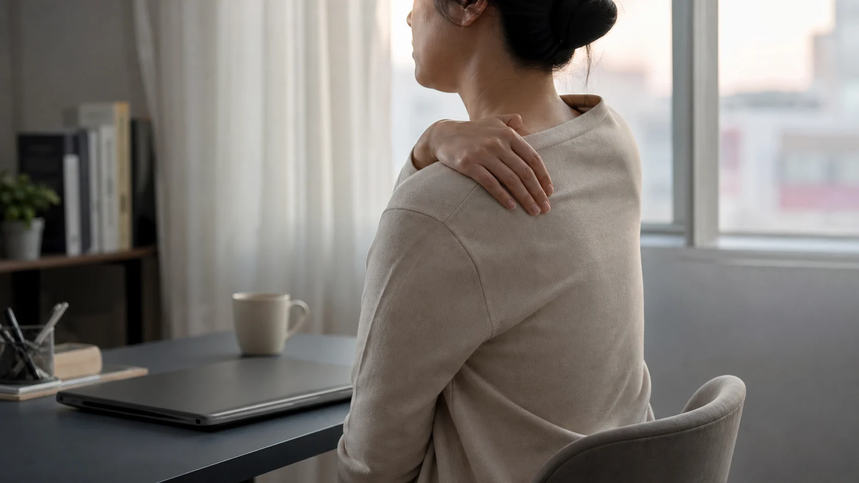화면 작업 뒤 저녁에 라운드숄더와 등 사이 뻐근함을 느끼는 환자 상황