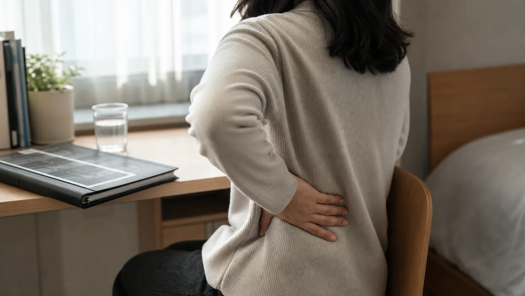 검사는 괜찮지만 누르면 아프고 숨쉴 때 흉벽통증이 남아 상담을 준비하는 장면
