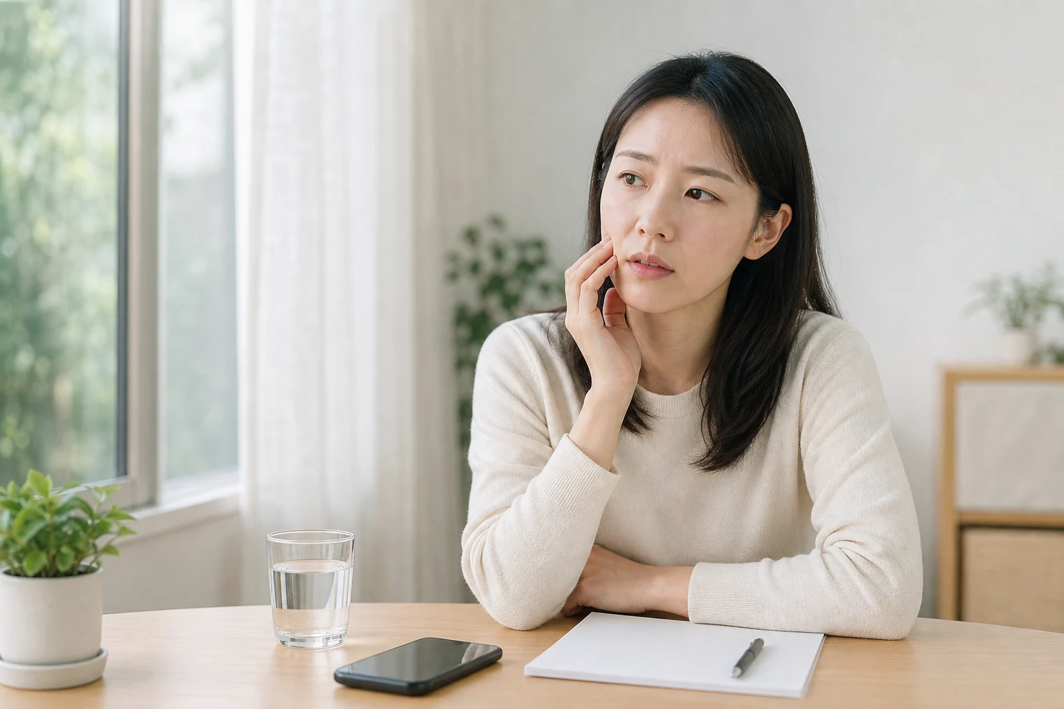검사 후 입 주변과 볼 먹먹함이 남아 조용한 책상에서 볼을 짚는 환자