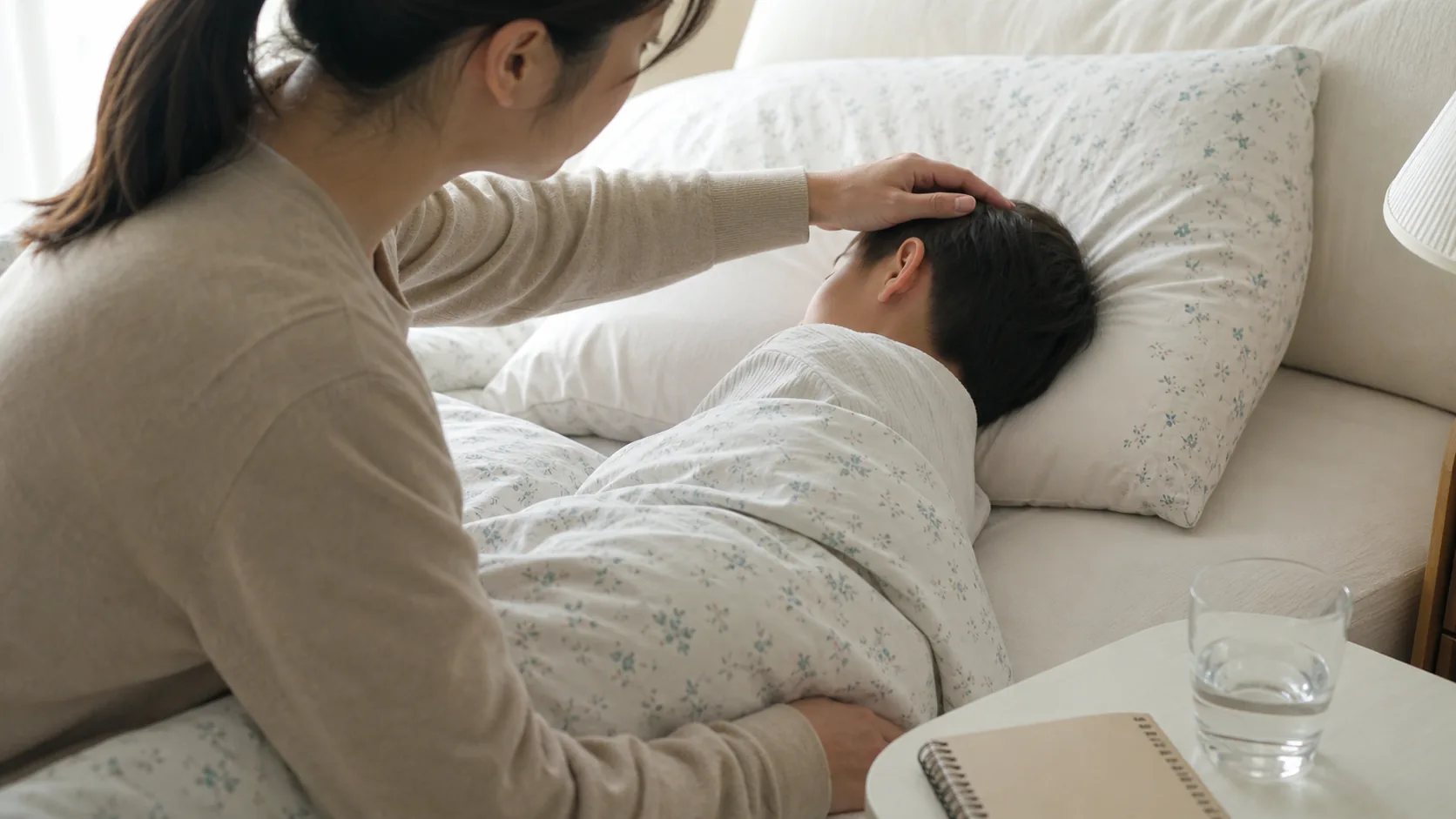 편도비대 아이가 입을 벌리고 잔 뒤 아침 입마름을 보호자가 확인하는 장면