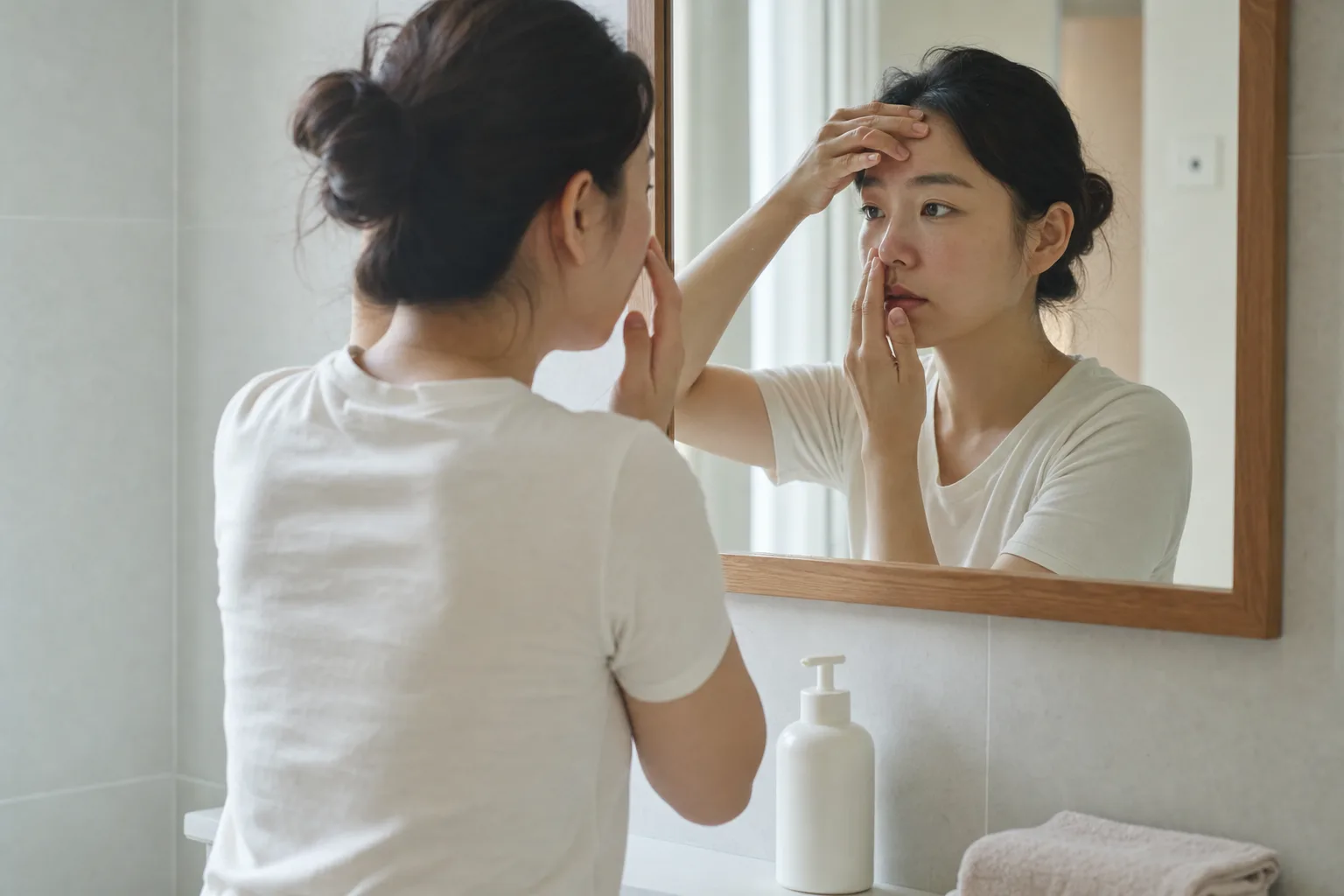 거울 앞에서 코 옆과 이마를 살피는 사람
