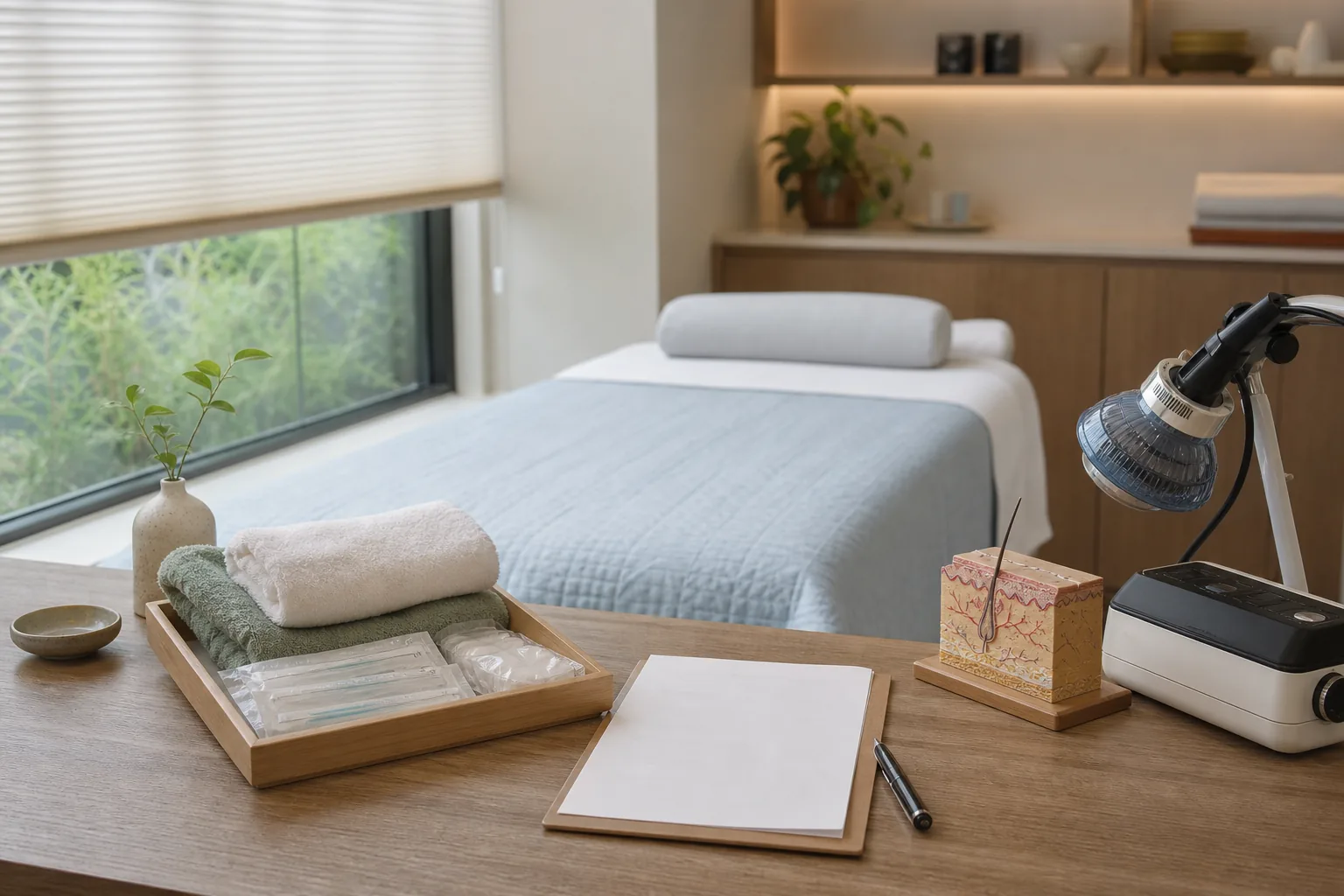 빈 진료실의 침대와 피부 모형·포장된 도구·조사기 예시