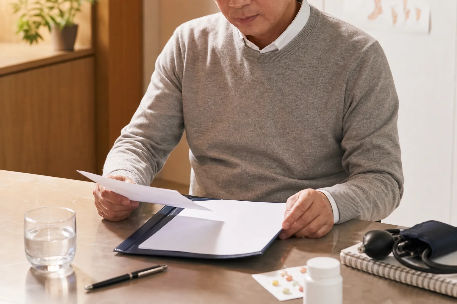 전립선비대 진료를 앞두고 배뇨 불편 시간과 검사·약 기록을 확인하는 중년 남성