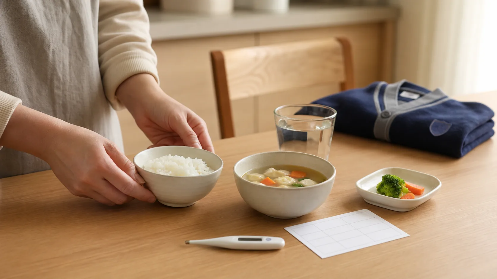 작은 밥그릇과 국, 물을 놓은 식탁에서 보호자가 식사를 준비하는 장면