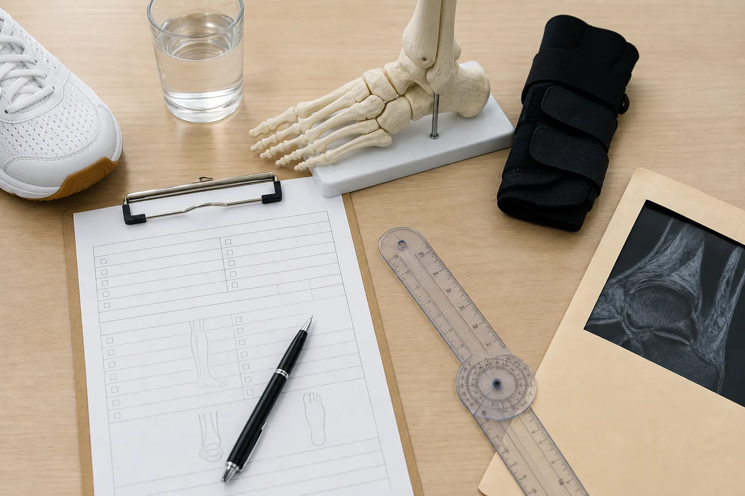 책상 위 발목 모형과 보호대, 빈 서류와 각도 측정 도구