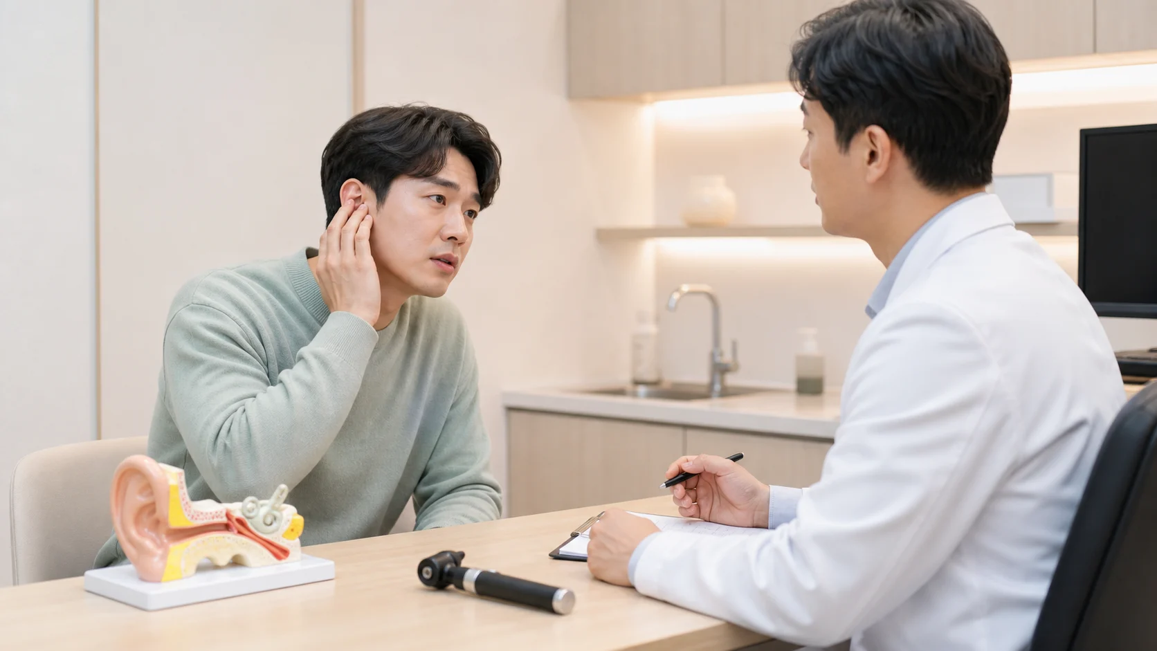 소아 아토피 상담 전 보호자가 아이의 팔 접힘 부위와 긁은 흔적을 확인하는 장면