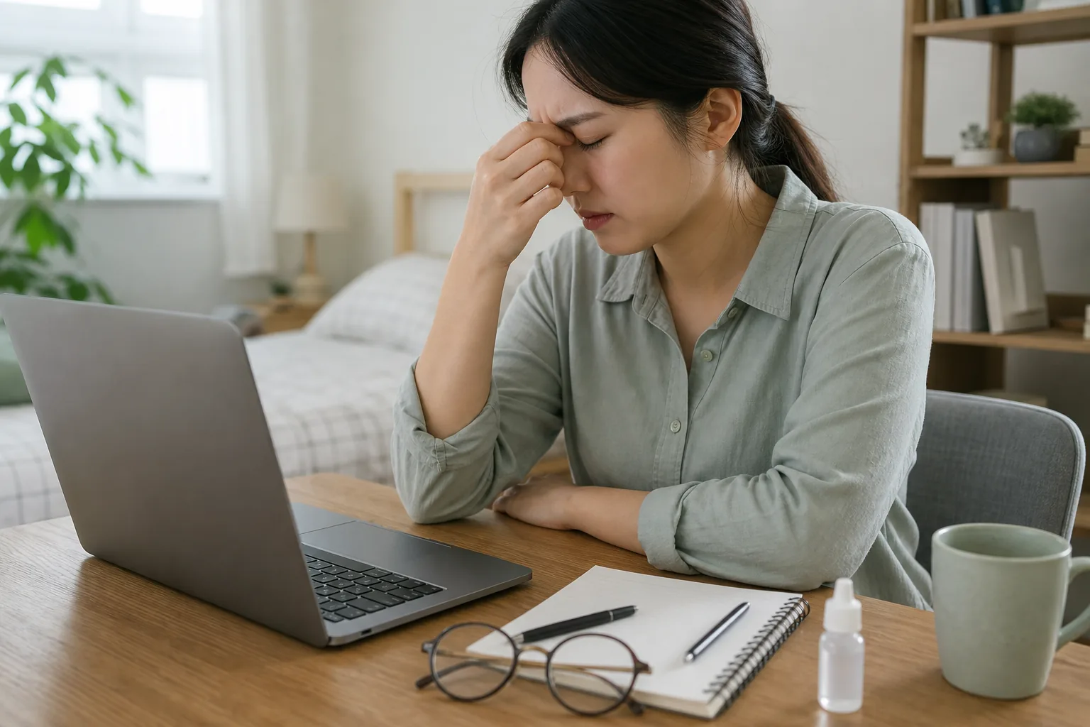 화면 사용 뒤 처음 눈마름과 눈피로를 느끼고 기록을 준비하는 환자