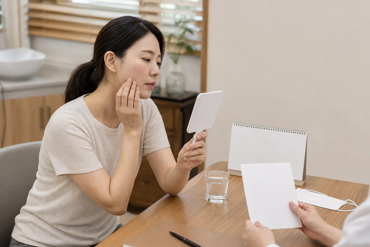 거울을 보며 볼의 붉은기와 안면홍조 숨은 신호를 확인하는 상담 장면