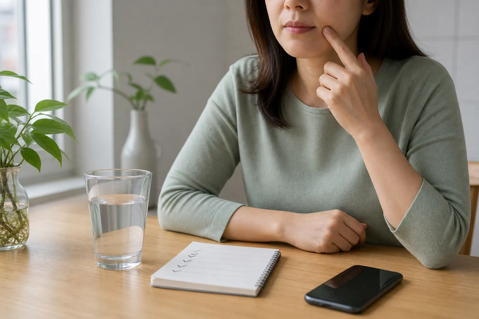 물컵과 기록 노트 옆에서 입가 변화를 확인하는 안면마비 증상 맥락 이미지