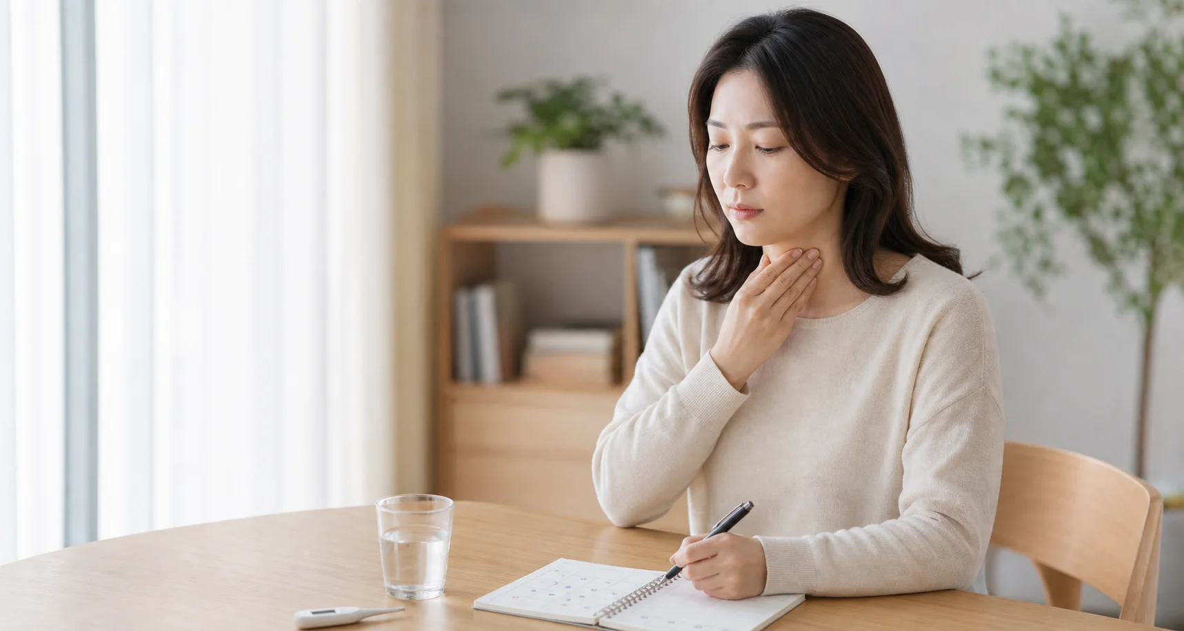 인후두염 검사 뒤 남은 목 불편의 시간대와 변화를 기록하는 장면
