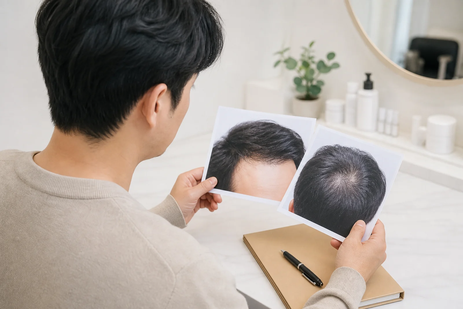 앞머리선과 정수리가 보이는 두 장의 사진을 비교하는 남성