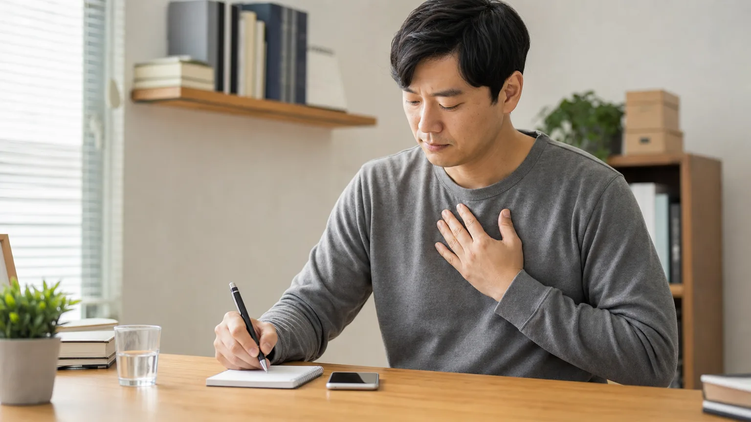 신경성 호흡곤란을 처음 느낀 뒤 가슴 답답함과 시작 시간을 메모하는 환자