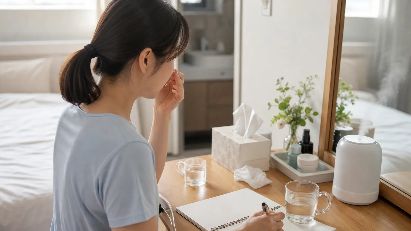 아침 코막힘과 후비루가 남아 증상 시간을 적는 일상 장면