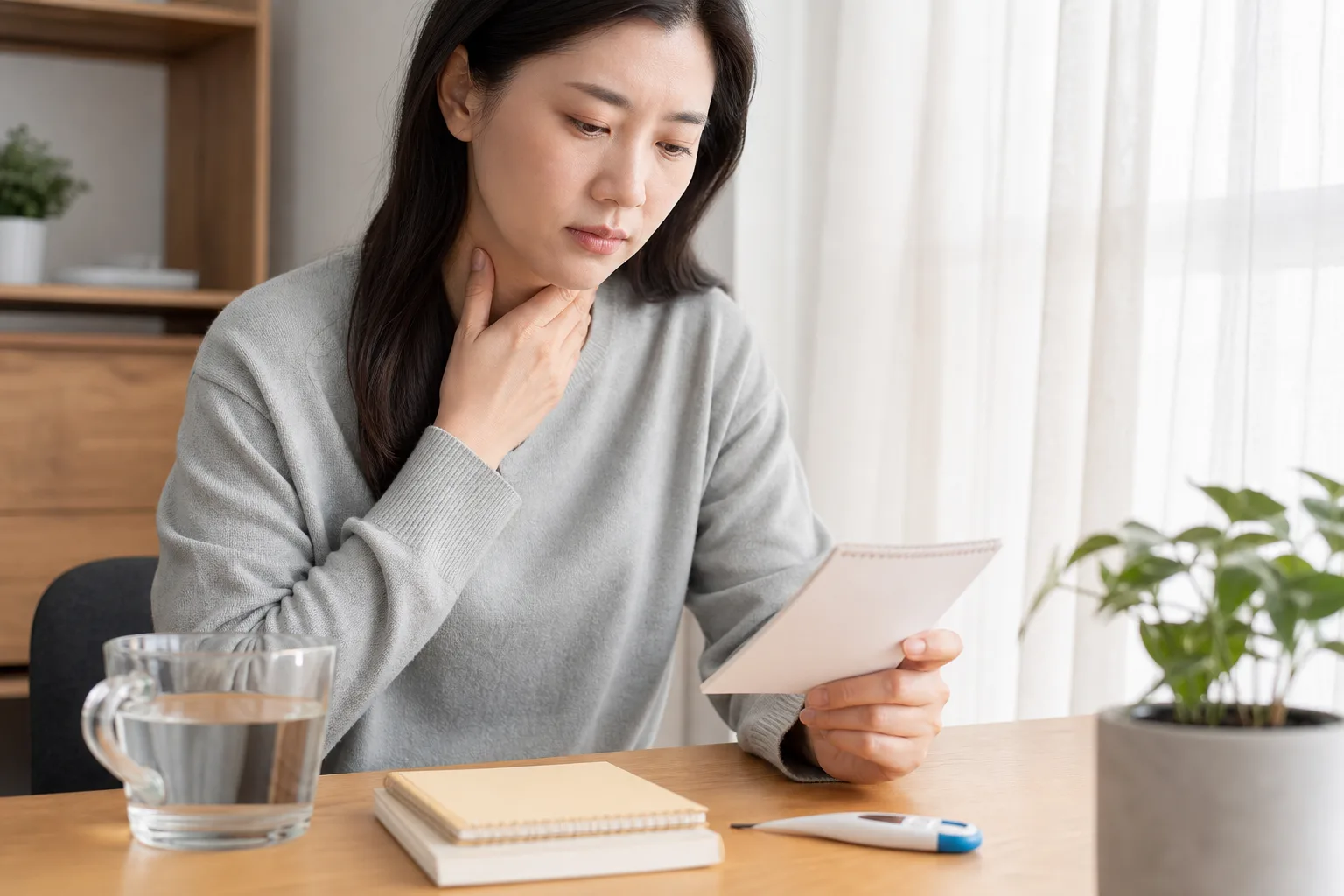 갑상선염을 처음 의심할 때 목 앞 불편과 체온 변화를 확인하는 환자