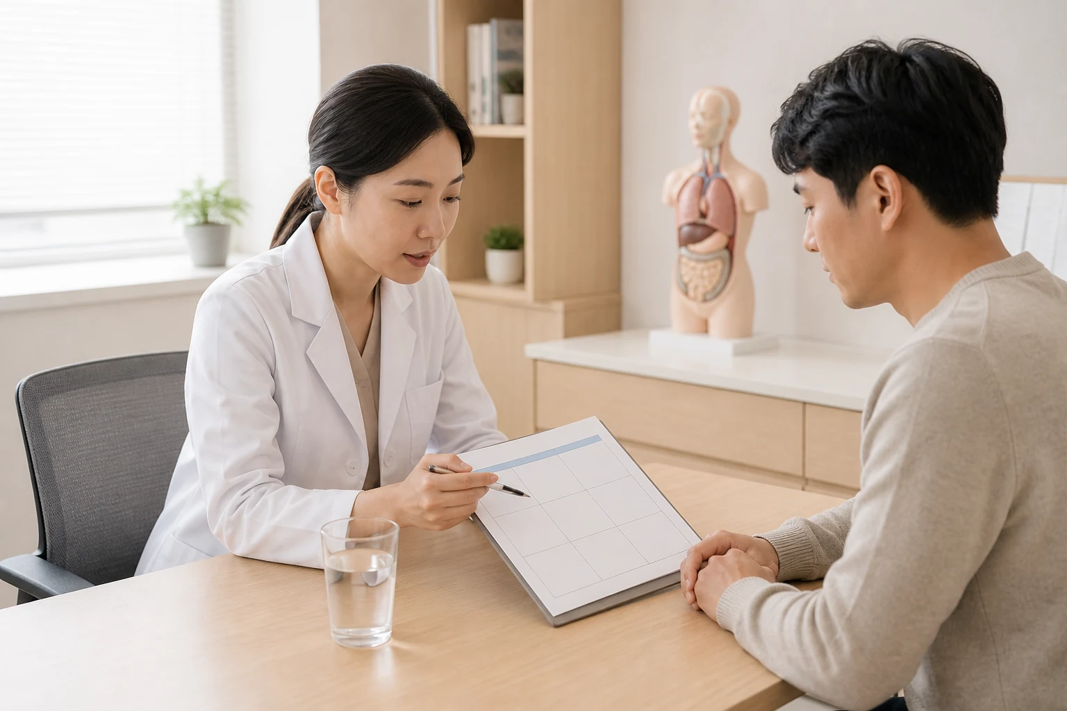 급성장염 뒤 남은 불편과 수분 회복을 상담하는 한국인 환자와 의료진